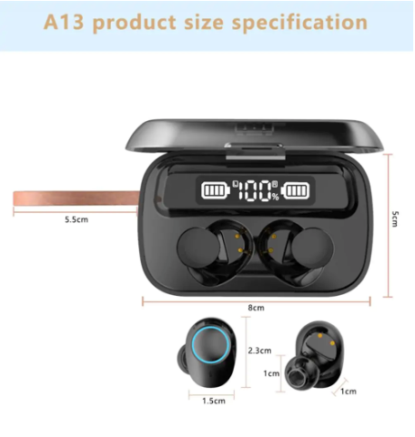 Bluetooth Earphones with Flashlight Clock Display