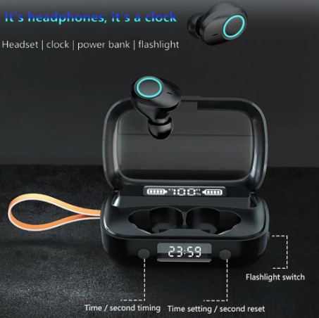 Bluetooth Earphones with Flashlight Clock Display